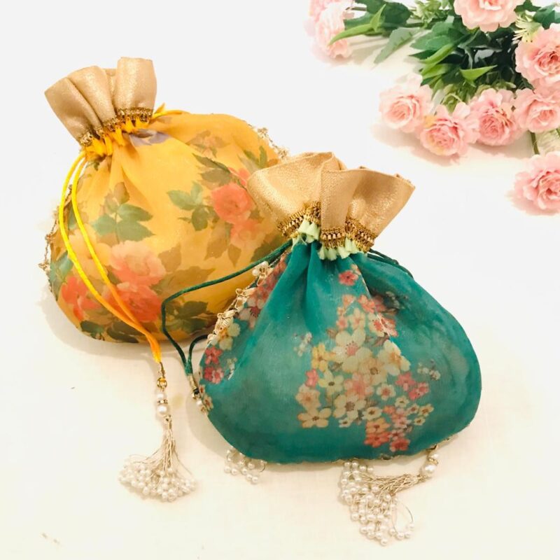 customize floral organza potli set of 10 pieces for give away gifts